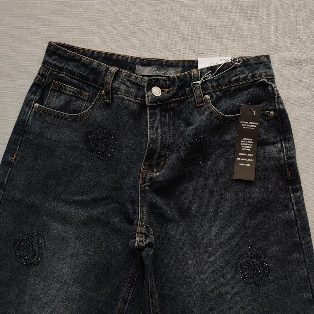 Cali 1850 Rhinestone Rose Wide Leg Jeans Women’s Size 3/26 Black Wash Y2K